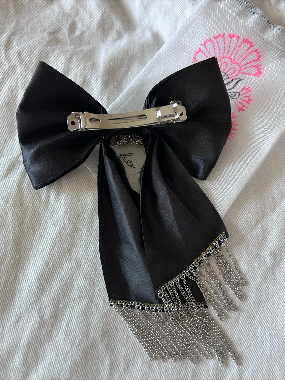 Black Satin Bow Hair Clip with Chain and fringe.